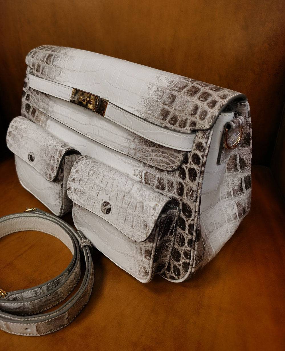 Unisex Crocodile Leather Padlock  Messenger Cross Body Shoulder Bag  Himalaya White