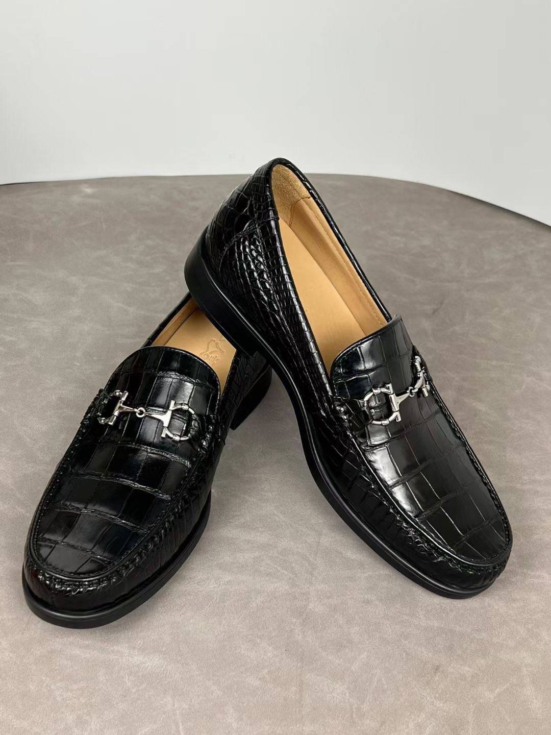 Crocodile Shoes Crocodile Loafer Slip-On Shoes  Black