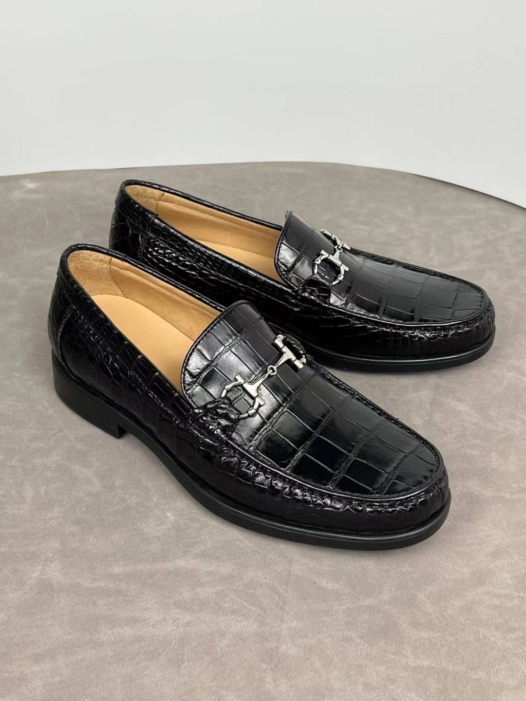 Crocodile Shoes Crocodile Loafer Slip-On Shoes  Black