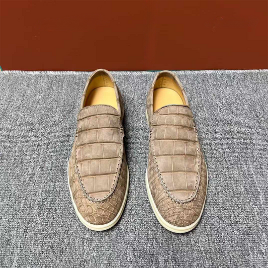 Preorder Nubuck Crocodile Shoes Men's Crocodile Leather Loafers Slip-On Dress Shoes Very Comfortable Beige