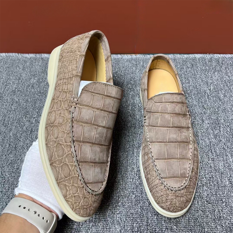 Nubuck Crocodile Shoes Men's Crocodile Leather Loafers Slip-On Dress Shoes Very Comfortable Beige