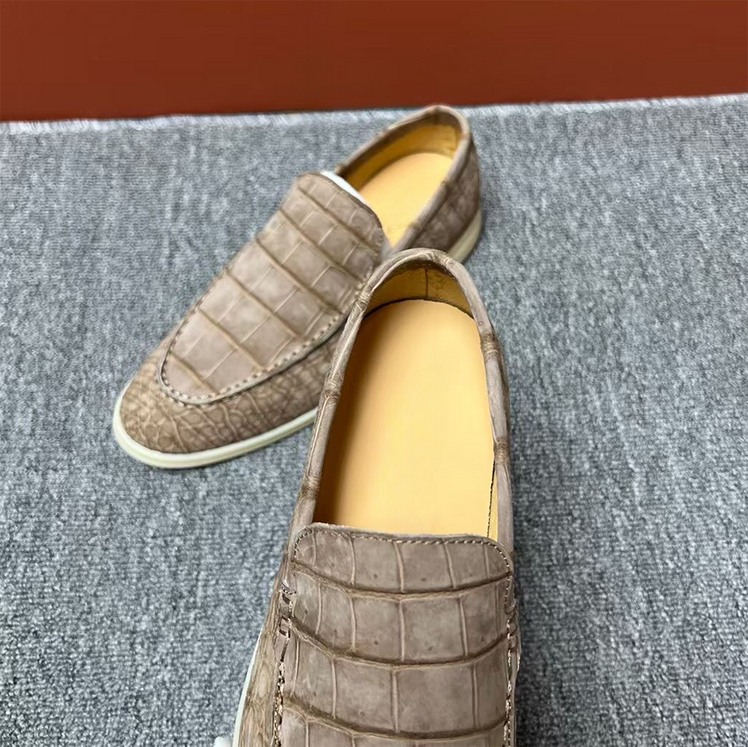 Nubuck Crocodile Shoes Men's Crocodile Leather Loafers Slip-On Dress Shoes Very Comfortable Beige