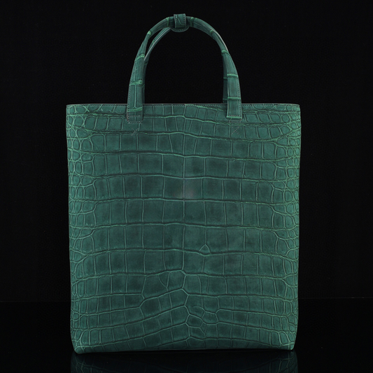 Unisex Sanded Genuine Crocodile Skin Leather Large Shopper Hobo Tote Bags Dark Green