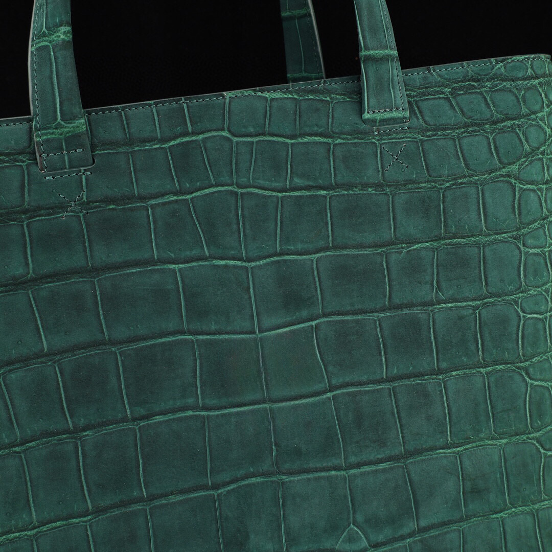 Unisex Sanded Genuine Crocodile Skin Leather Large Shopper Hobo Tote Bags Dark Green