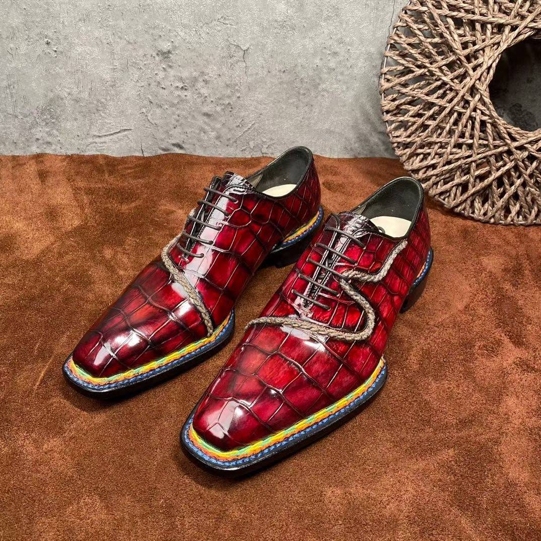 Crocodile Shoes Men's  Crocodile Leather  Norwegian Stitching Lace Up Dress Shoes Vintage Wine Red