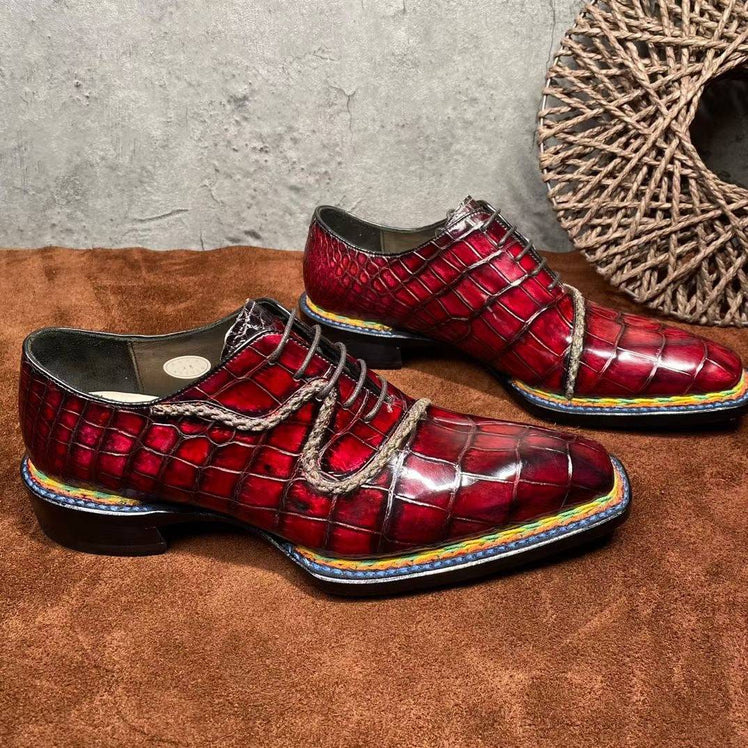 Crocodile Shoes Men's  Crocodile Leather  Norwegian Stitching Lace Up Dress Shoes Vintage Wine Red