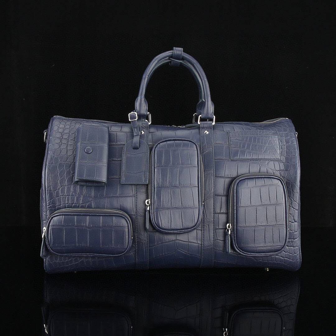 Men's Crocodile Leather Travel Duffel Holdall Bag Dark Blue