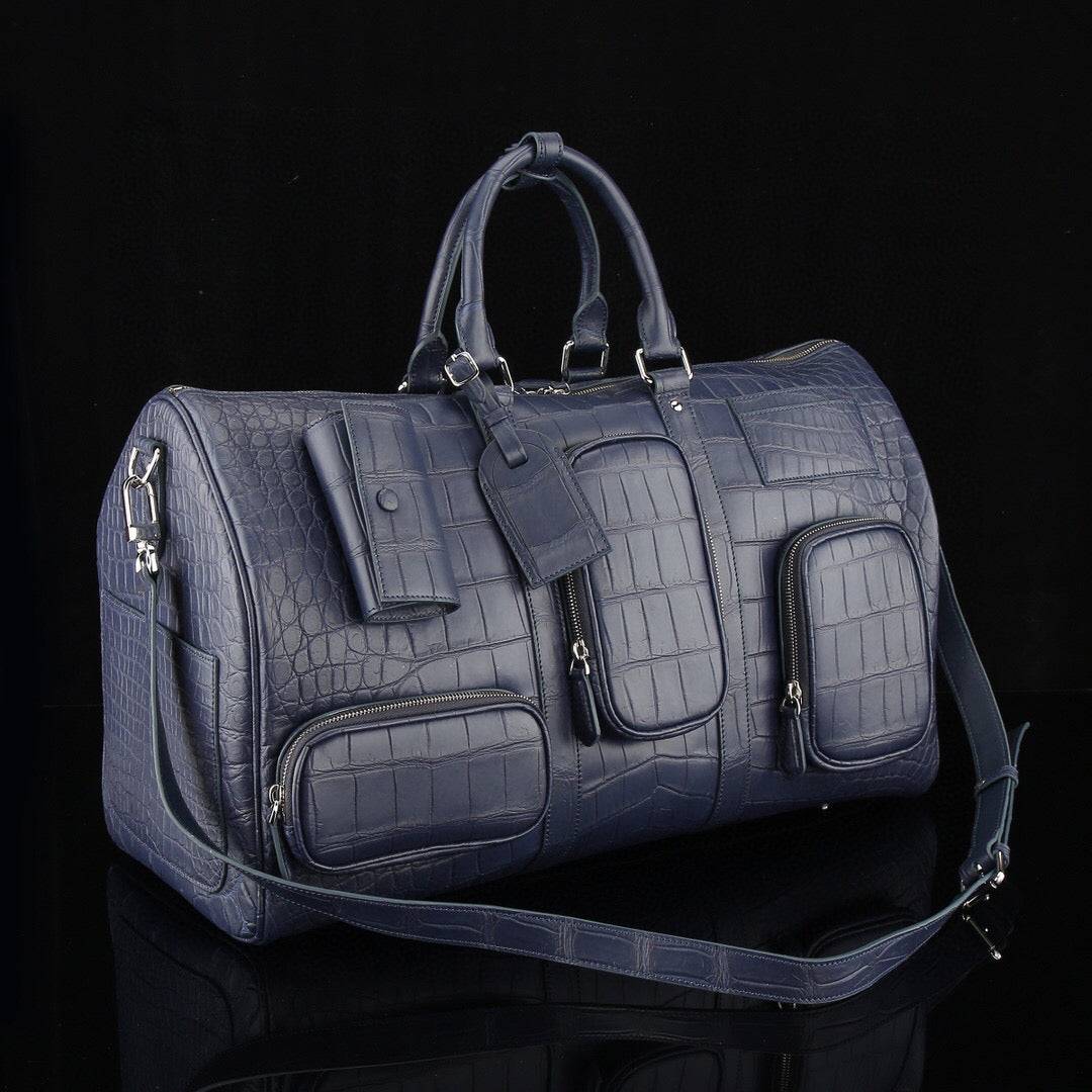 Men's Crocodile Leather Travel Duffel Holdall Bag Dark Blue