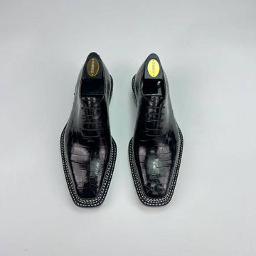 Crocodile Shoes Men's Crocodile Leather Norwegian Sewn Seam 4 Lines Sole  Lace Up Dress Shoes Black