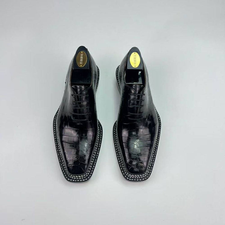 Crocodile Shoes Men's Crocodile Leather Norwegian Sewn Seam 4 Lines Sole  Lace Up Dress Shoes Black