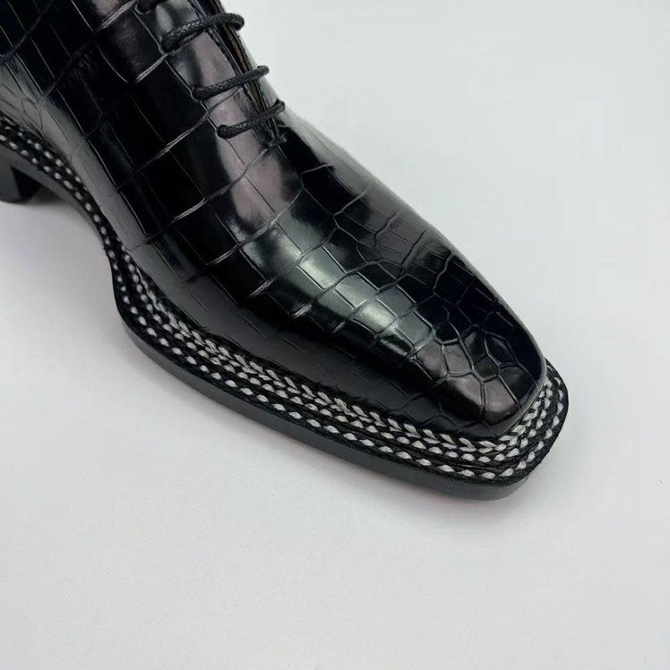 Crocodile Shoes Men's Crocodile Leather Norwegian Sewn Seam 4 Lines Sole  Lace Up Dress Shoes Black