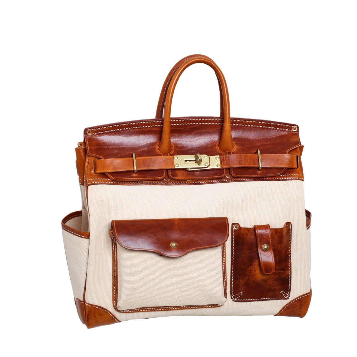 Unisex New Oversize Genuine Vintage Oil Wax Leather Top Handle Canvas Bag