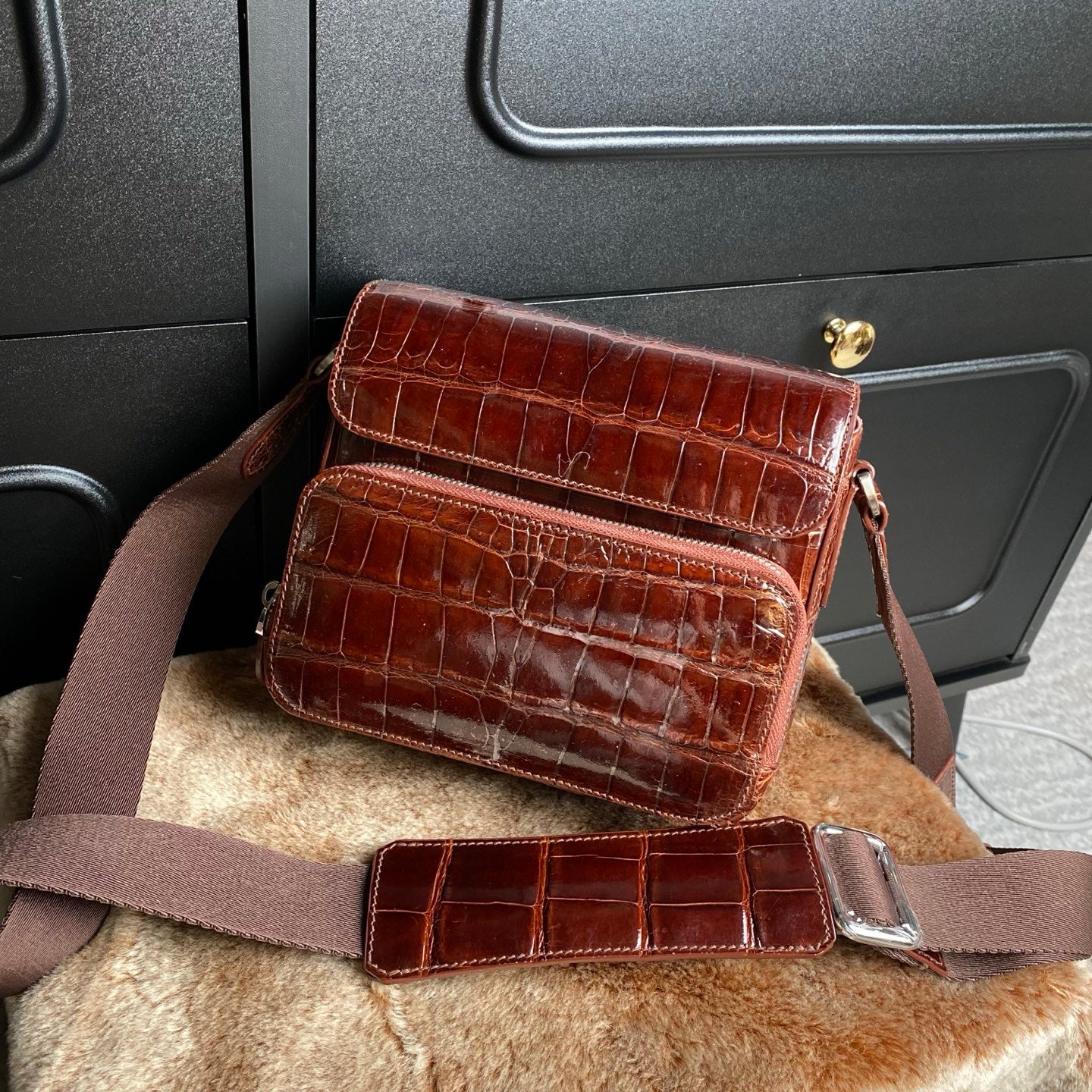 High Shiny Genuine Crocodile Skin Leather Cross Body Shoulder Bag