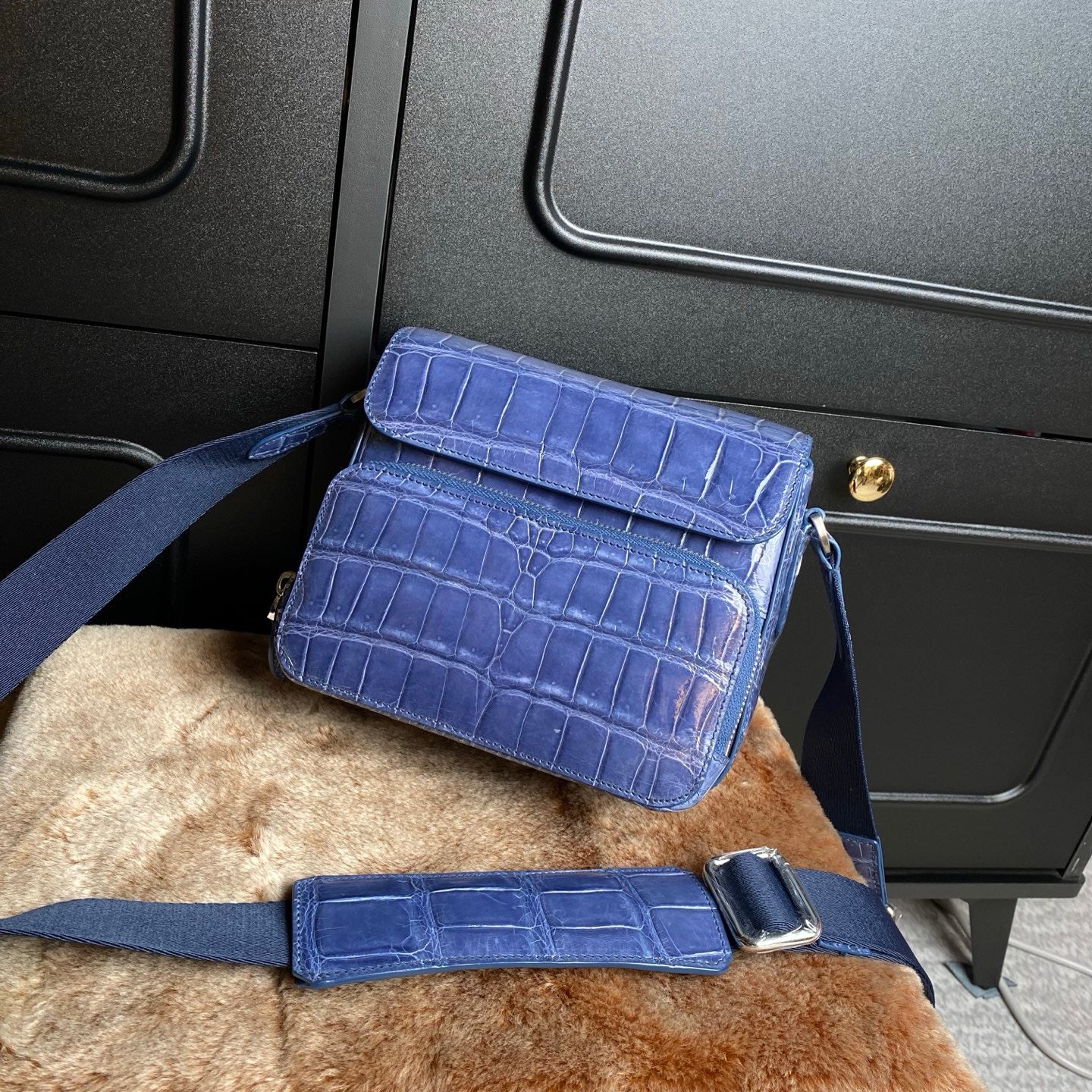 High Shiny Genuine Crocodile Skin Leather Cross Body Shoulder Bag Blue