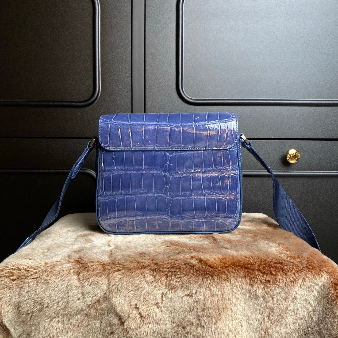 High Shiny Genuine Crocodile Skin Leather Cross Body Shoulder Bag Blue