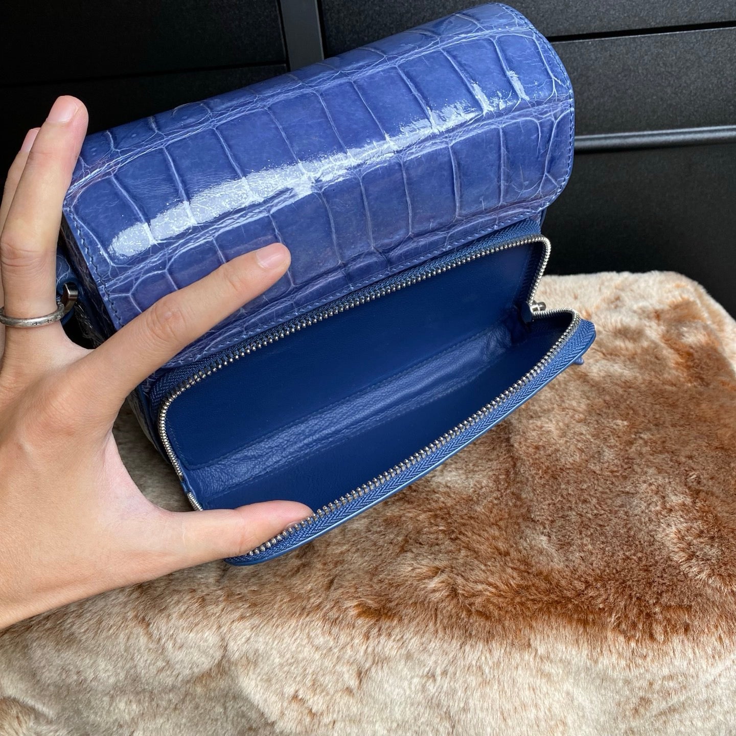 High Shiny Genuine Crocodile Skin Leather Cross Body Shoulder Bag Blue