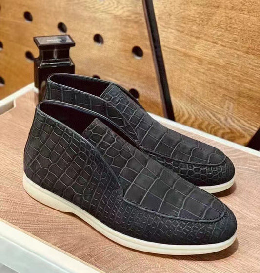 Preorder Nubuck Crocodile Shoes Men's Crocodile Leather Lace-Up Dress Shoes Dark Blue And Brown