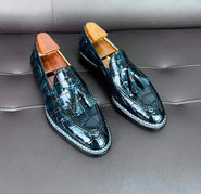 Crocodile Leather Loafer Shoes Norwegian Sewn Shoes With Tassels Vintage Green