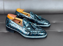 Crocodile Leather Loafer Shoes Norwegian Sewn Shoes With Tassels Vintage Green