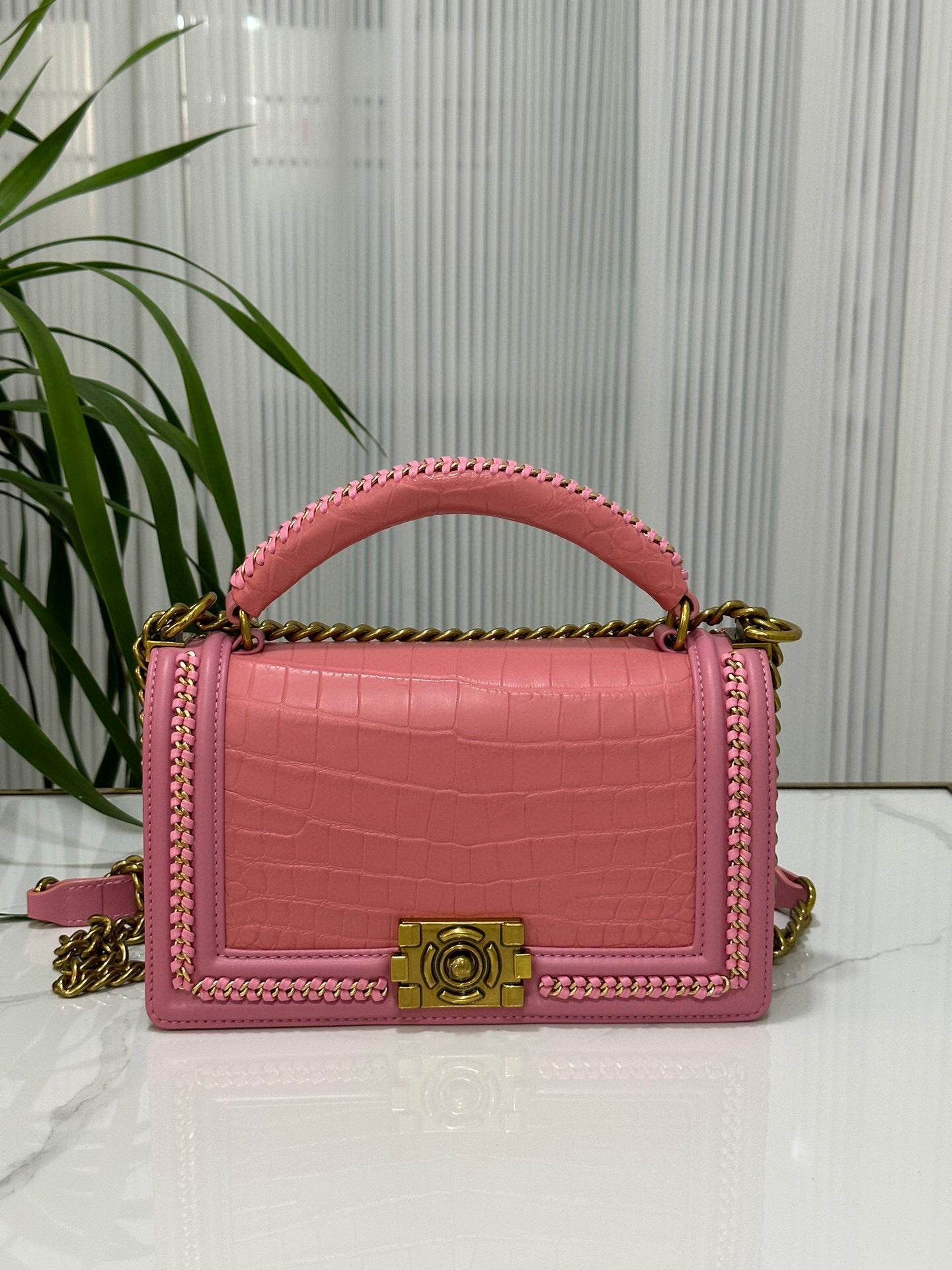 Genuine Crocodile Leather Top Handle Cross Body Flap Chain Bag Pink