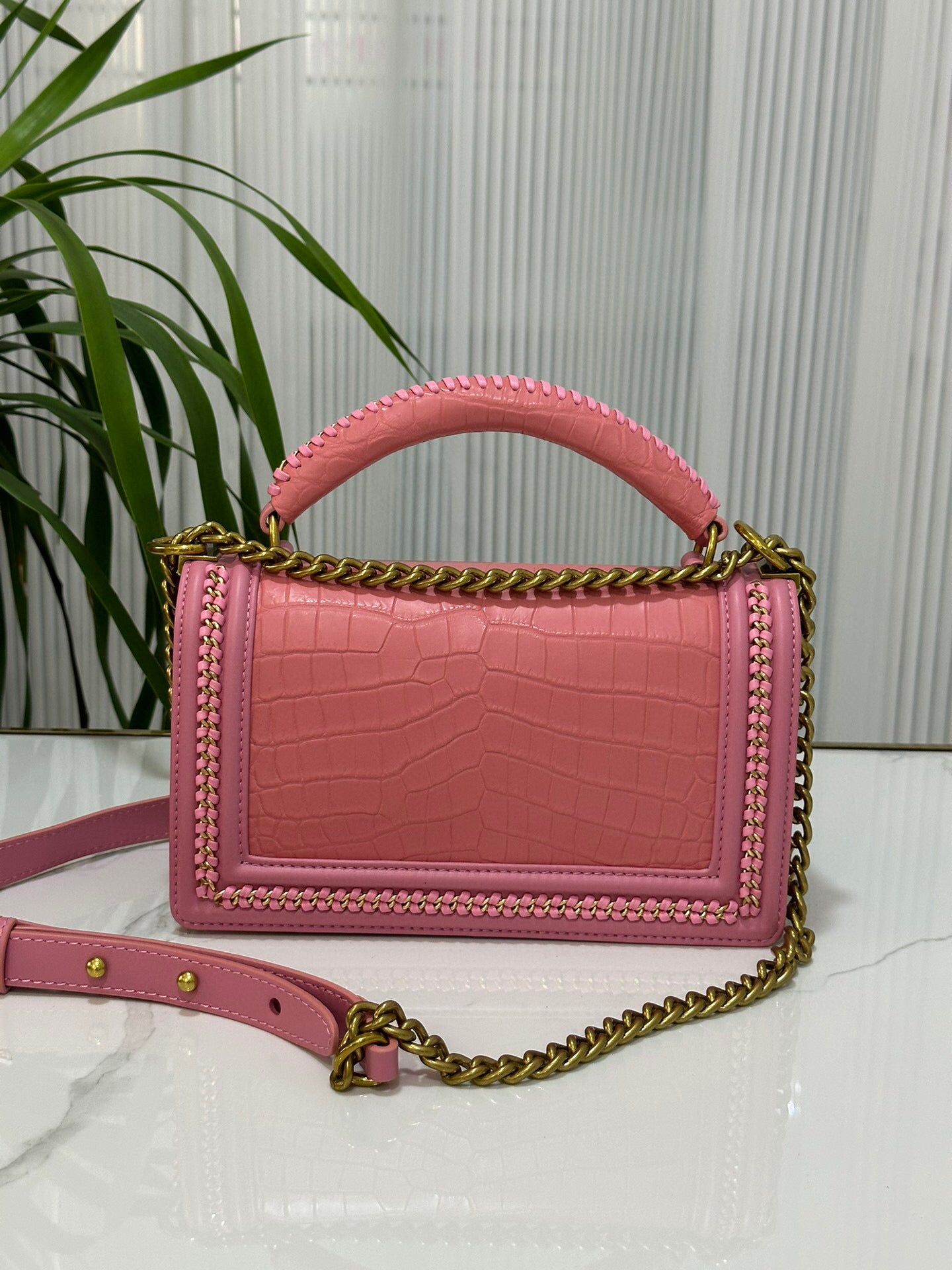 Genuine Crocodile Leather Top Handle Cross Body Flap Chain Bag Pink