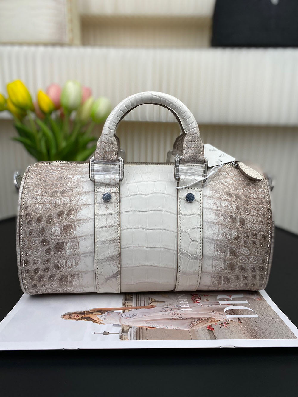 Unisex Himalaya White Genuine Crocodile Skin Leather Boston Satchel Bag