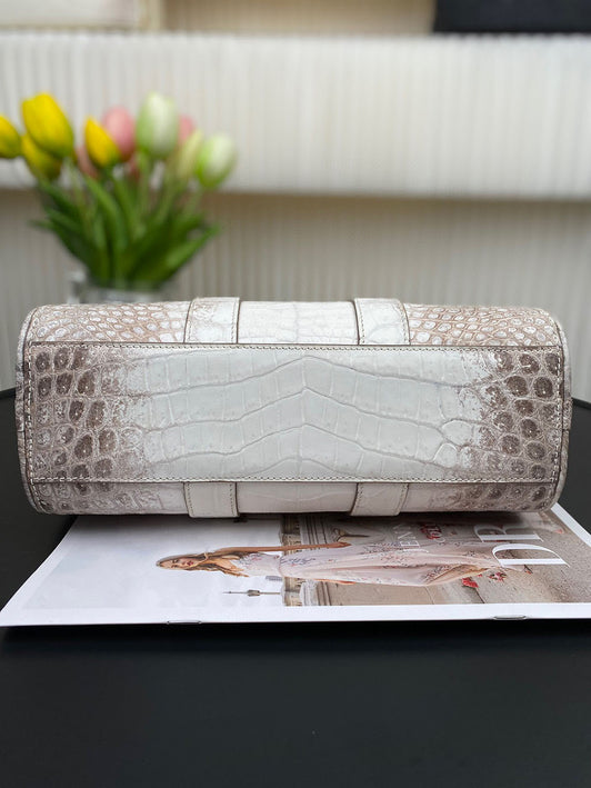 Unisex Himalaya White Genuine Crocodile Skin Leather Boston Satchel Bag