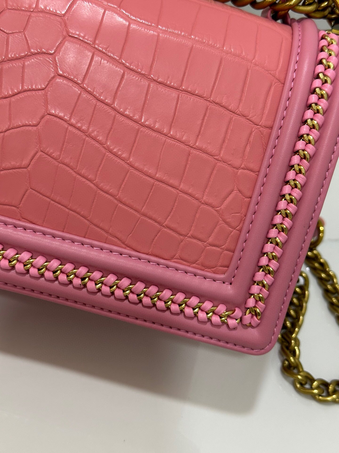 Genuine Crocodile Leather Top Handle Cross Body Flap Chain Bag Pink