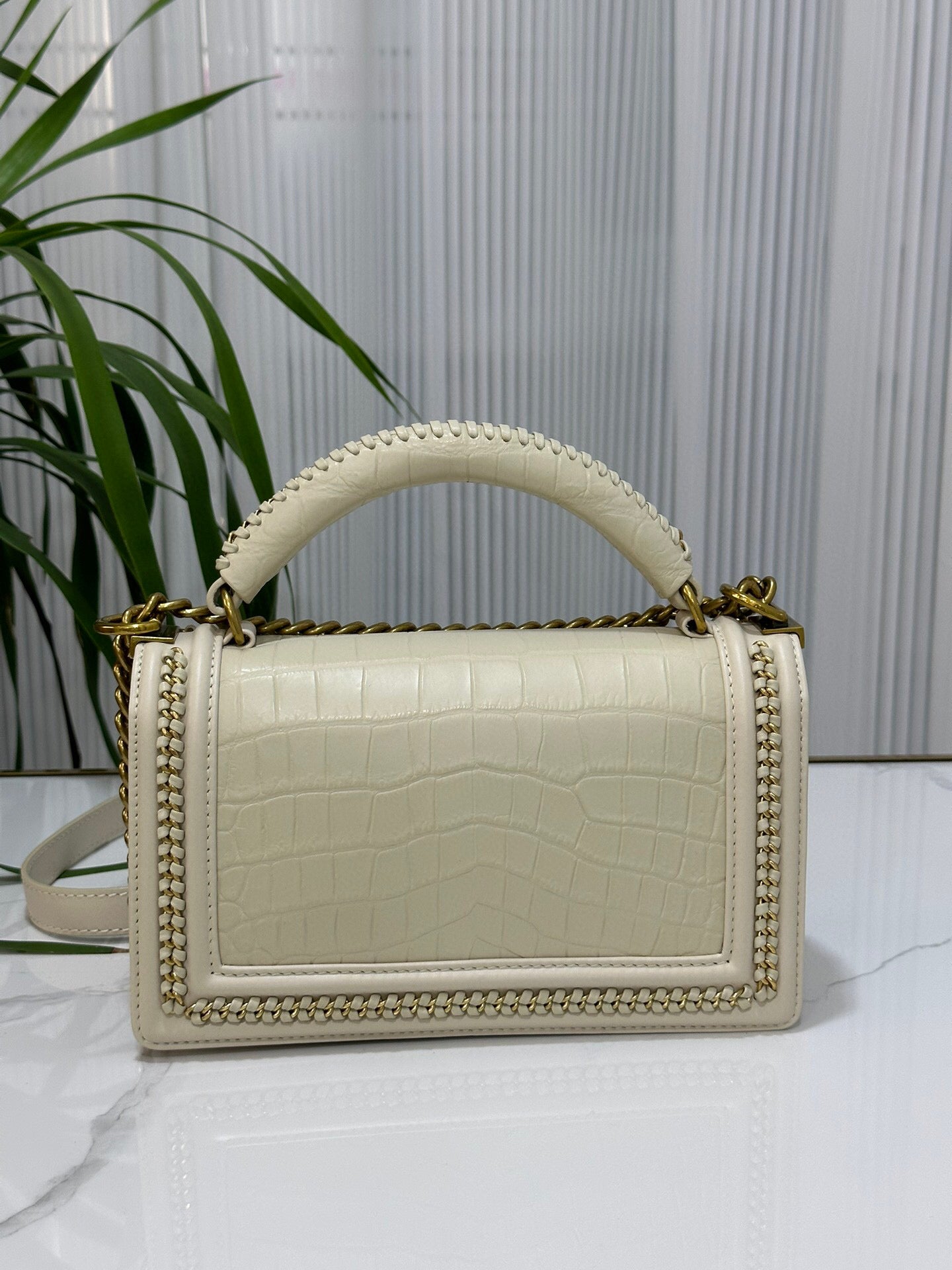 Genuine Crocodile Leather Top Handle Cross Body Flap Chain Bag Cream