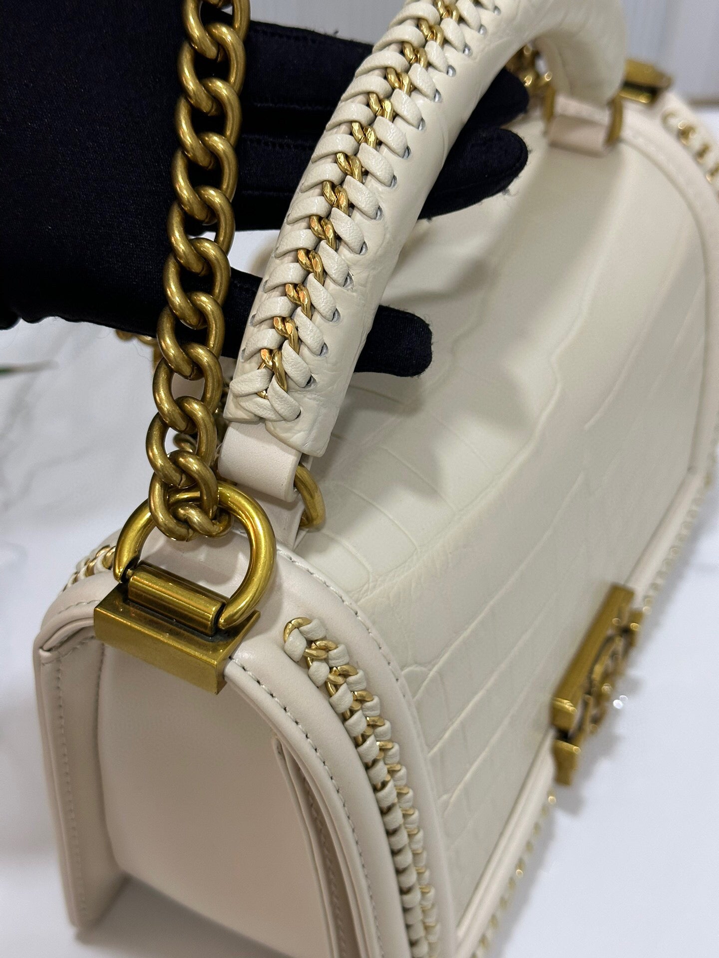 Genuine Crocodile Leather Top Handle Cross Body Flap Chain Bag Cream