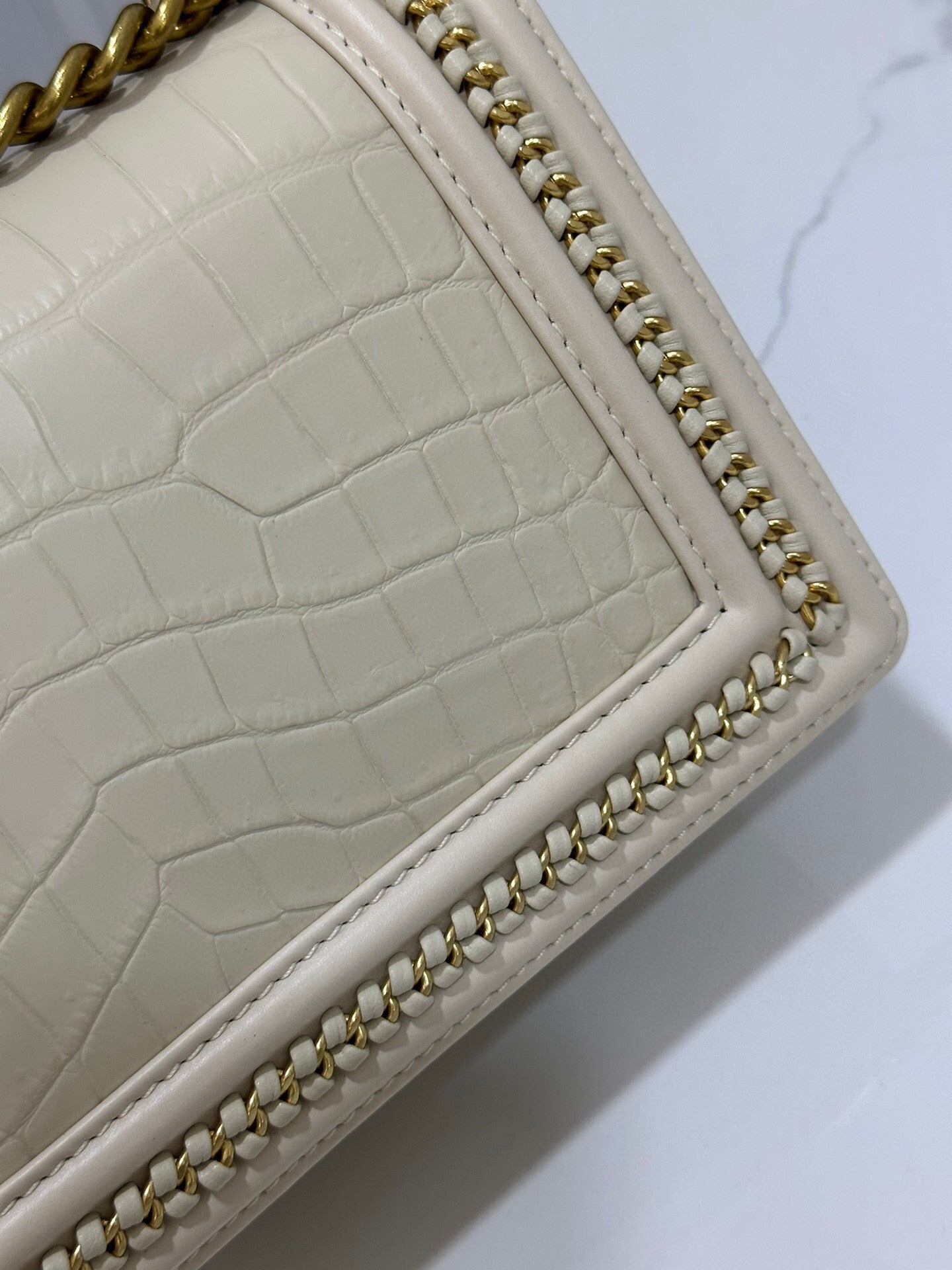 Genuine Crocodile Leather Top Handle Cross Body Flap Chain Bag Cream