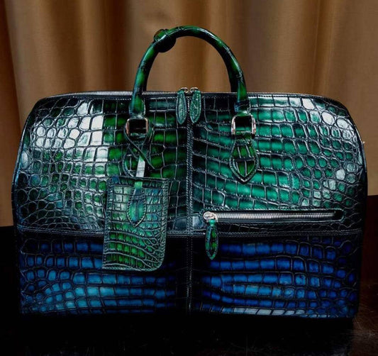 Unisex Vintage Green / Blue Crocodile Leather Travel Duffel Bag