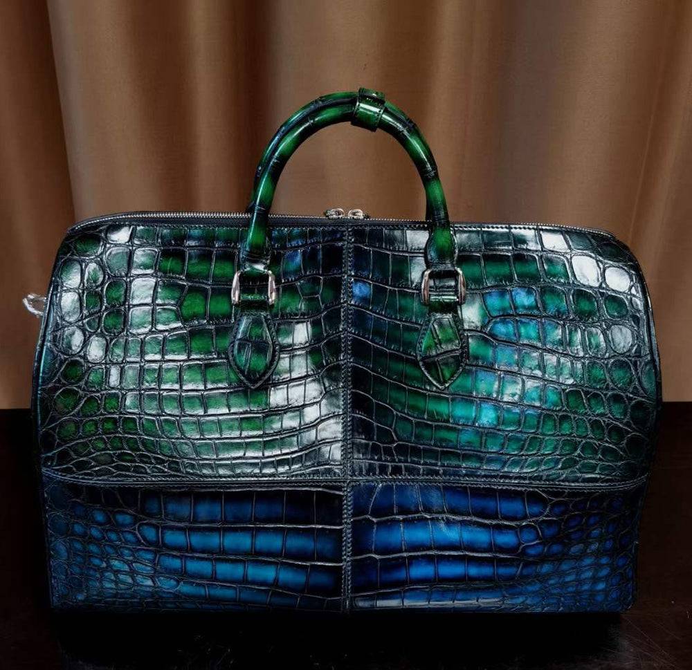 Unisex Vintage Green / Blue Crocodile Leather Travel Duffel Bag