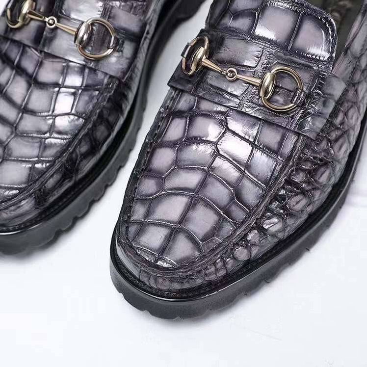 Crocodile Leather Shoes ,Vintage Grey Crocodile Leather Men's Penny Loafer Dress Shoe
