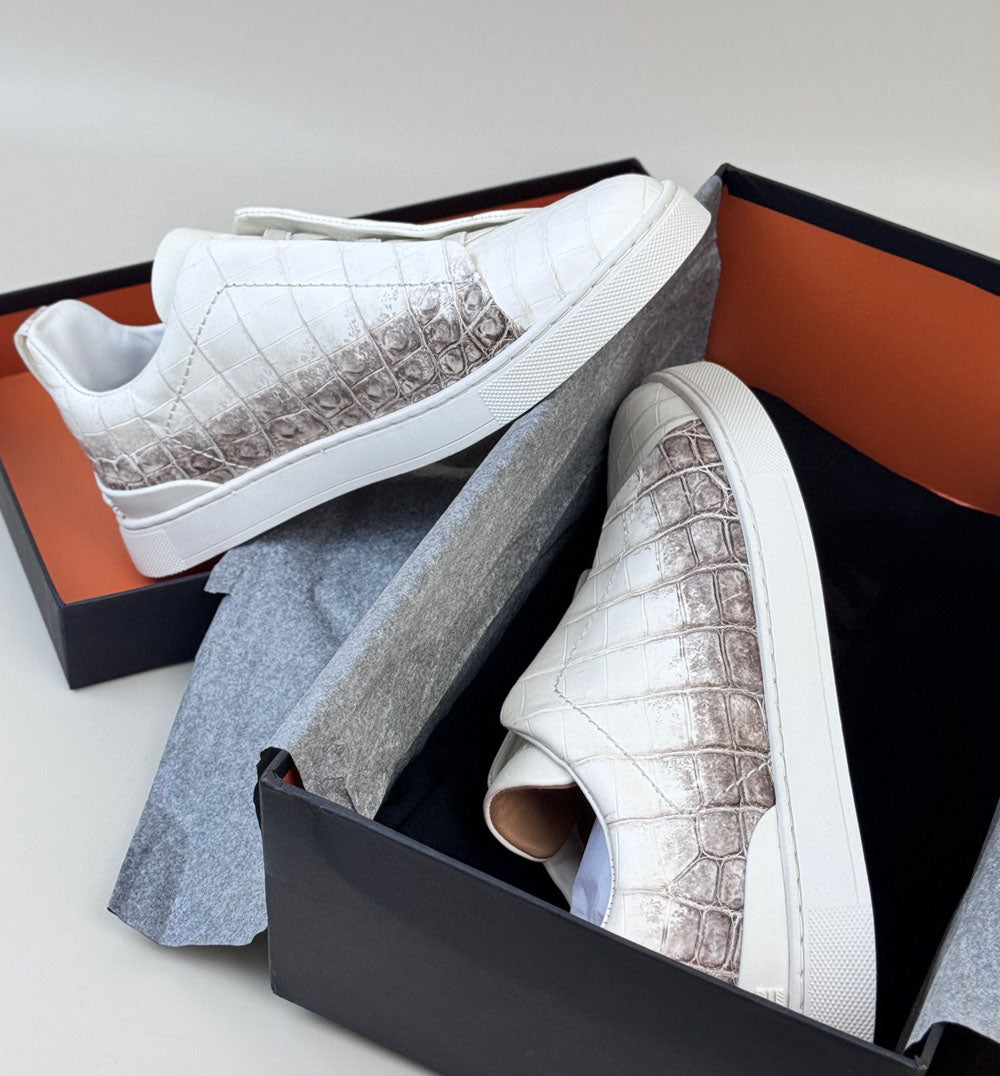 Crocodile Sneakers, Himalayan White Crocodile Skin Leather Sneakers