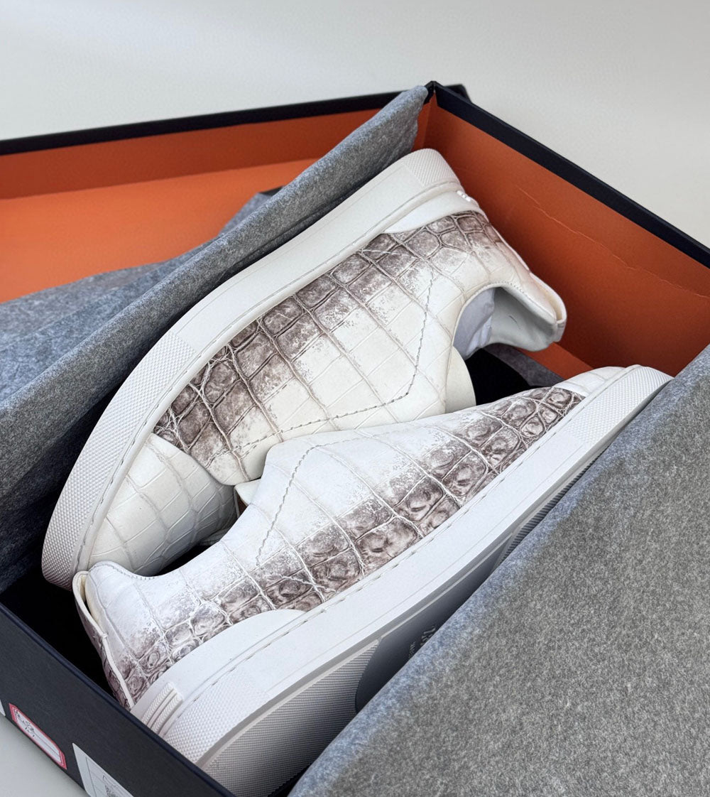 Crocodile Sneakers, Himalayan White Crocodile Skin Leather Sneakers