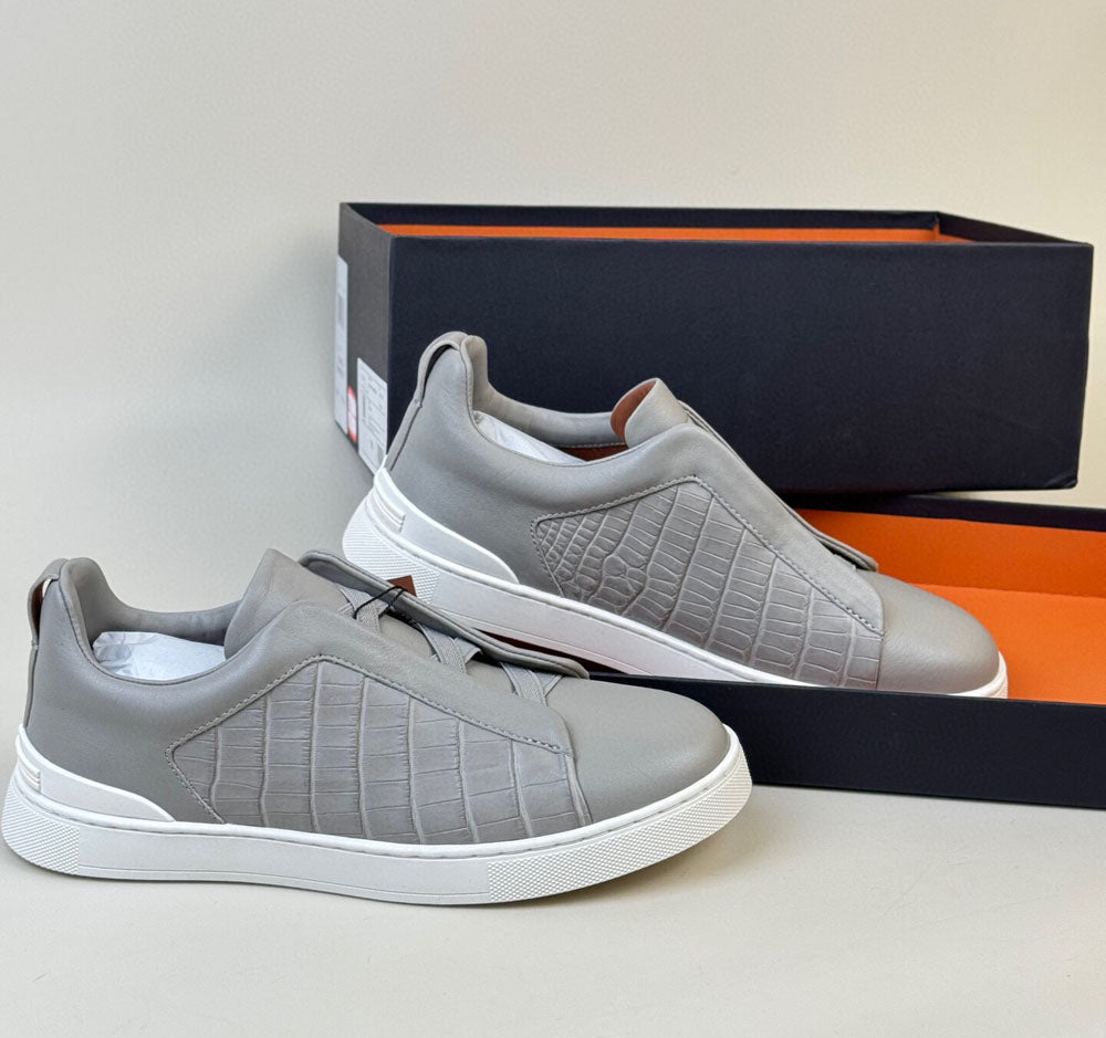 Crocodile Shoes , Calfskin Leather Mid-Genuine Crocodile Skin Leather Sneakers Grey