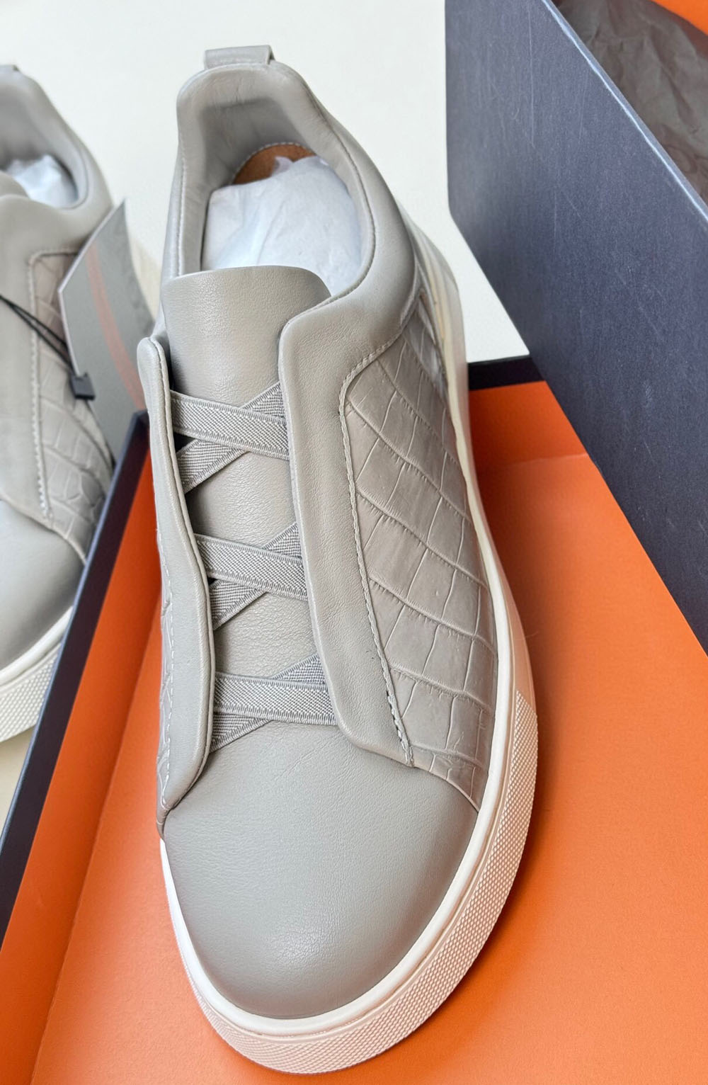 Crocodile Shoes , Calfskin Leather Mid-Genuine Crocodile Skin Leather Sneakers Grey