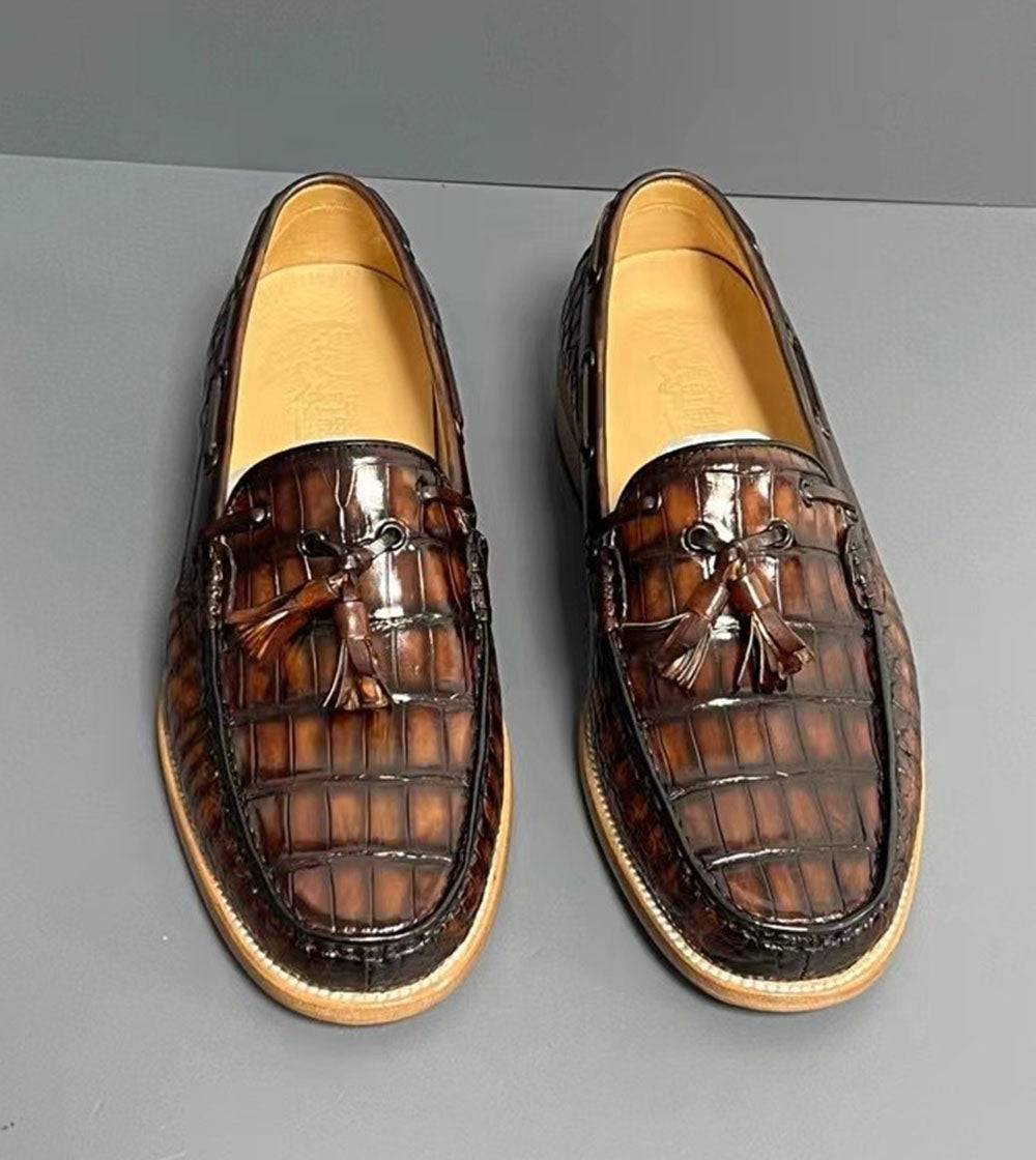 Crocodile Shoes Vintage Genuine Crocodile Skin Leather Classic Fashion Slip On Driving Loafers