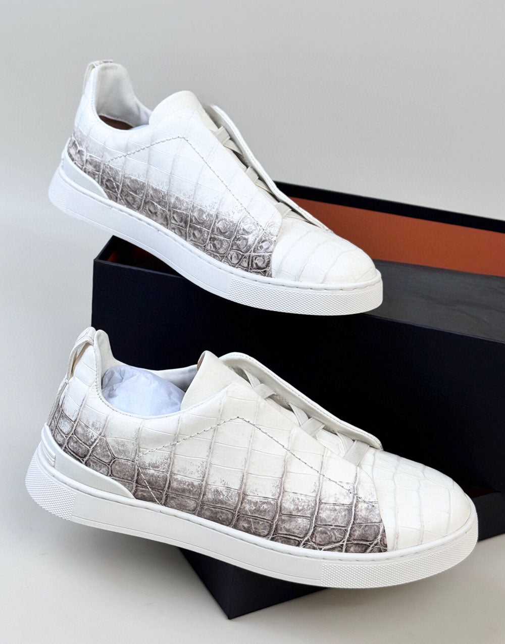 Crocodile Sneakers, Himalayan White Crocodile Skin Leather Sneakers