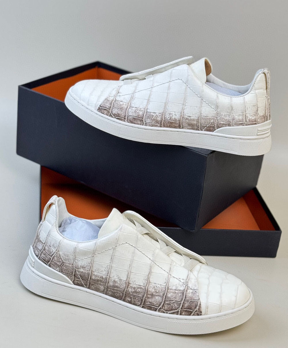 Crocodile Sneakers, Himalayan White Crocodile Skin Leather Sneakers