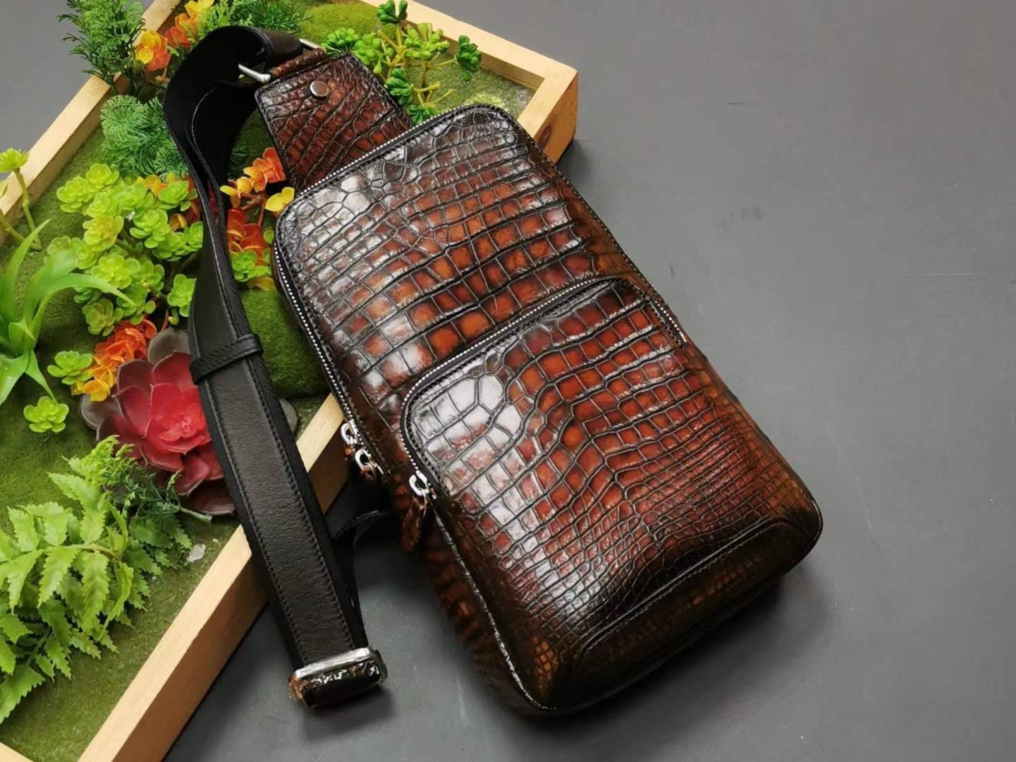 Vintage Brown Genuine Crocodile Skin Leather Chest  Sling Shoulder Bag