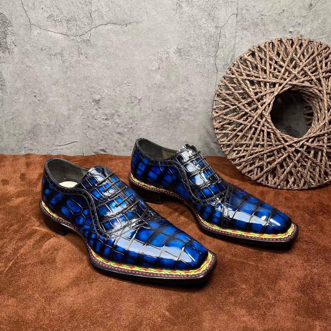 Preorder Crocodile Shoes Men's  Crocodile Leather  Norwegian Stitching Lace Up Dress Shoes Vintage Blue