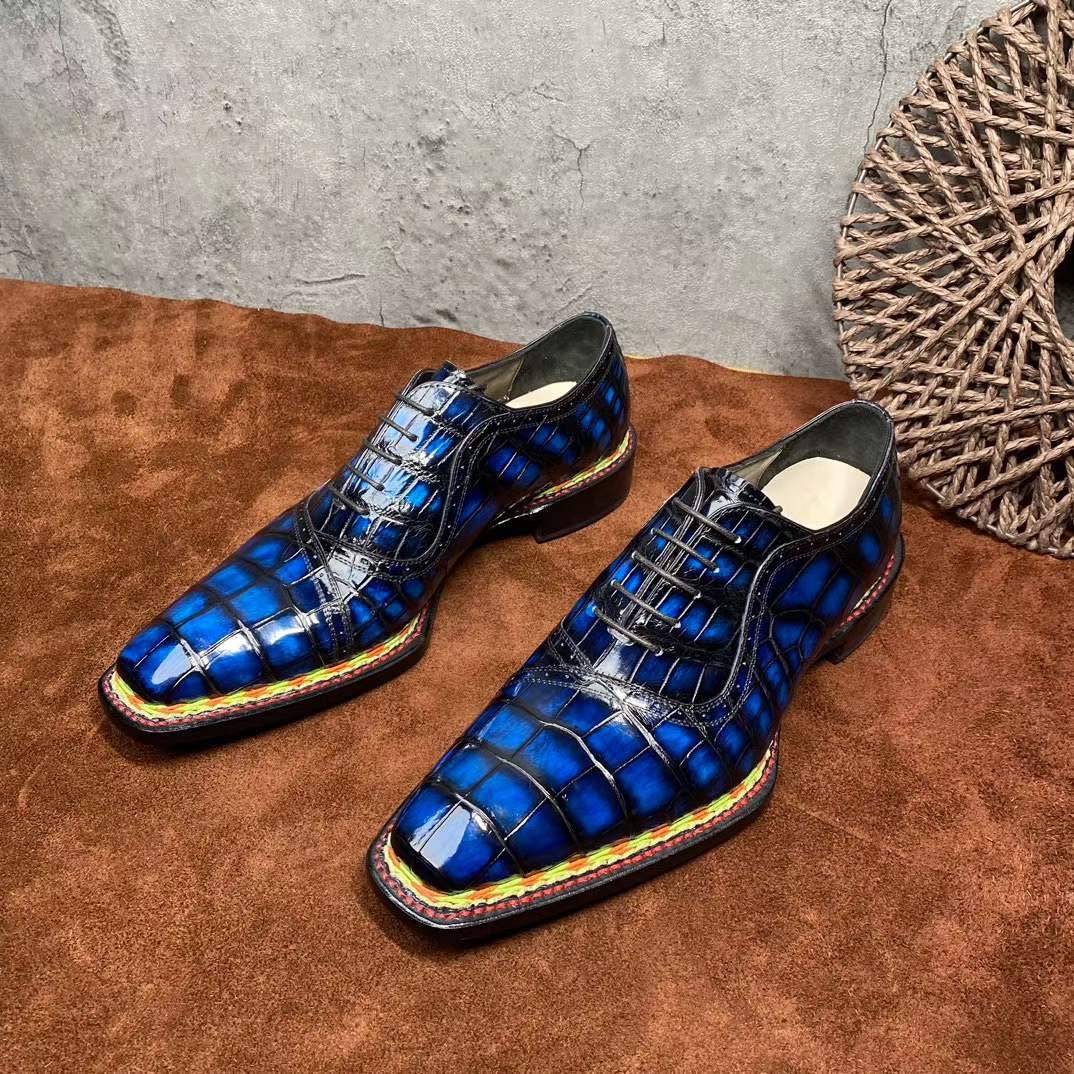 Preorder Crocodile Shoes Men's  Crocodile Leather  Norwegian Stitching Lace Up Dress Shoes Vintage Blue