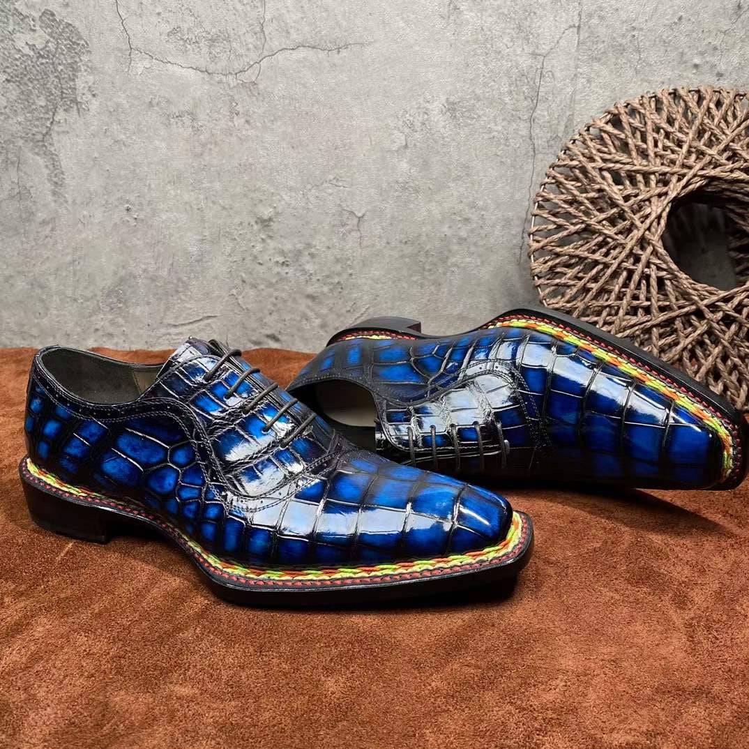 Preorder Crocodile Shoes Men's  Crocodile Leather  Norwegian Stitching Lace Up Dress Shoes Vintage Blue