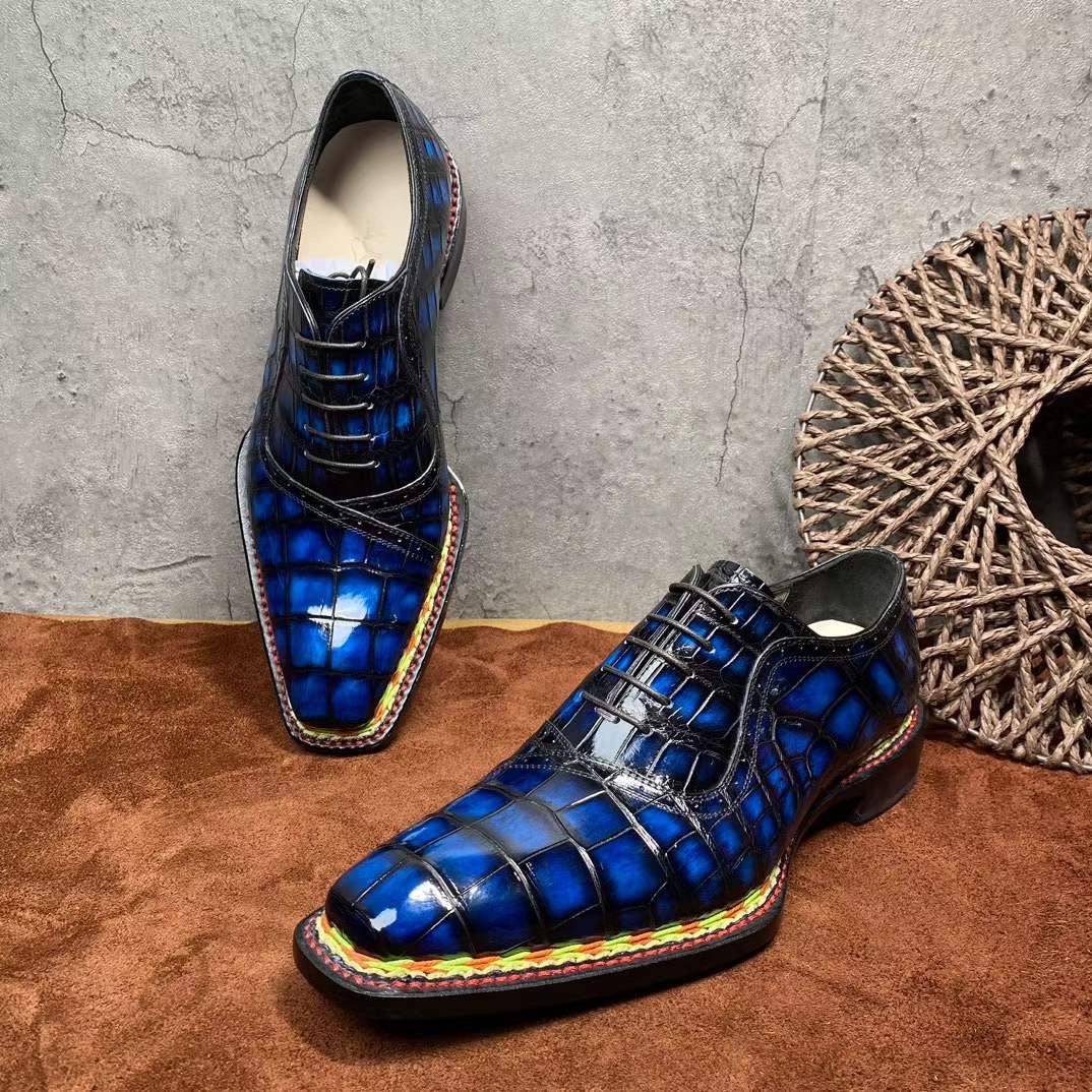 Preorder Crocodile Shoes Men's  Crocodile Leather  Norwegian Stitching Lace Up Dress Shoes Vintage Blue