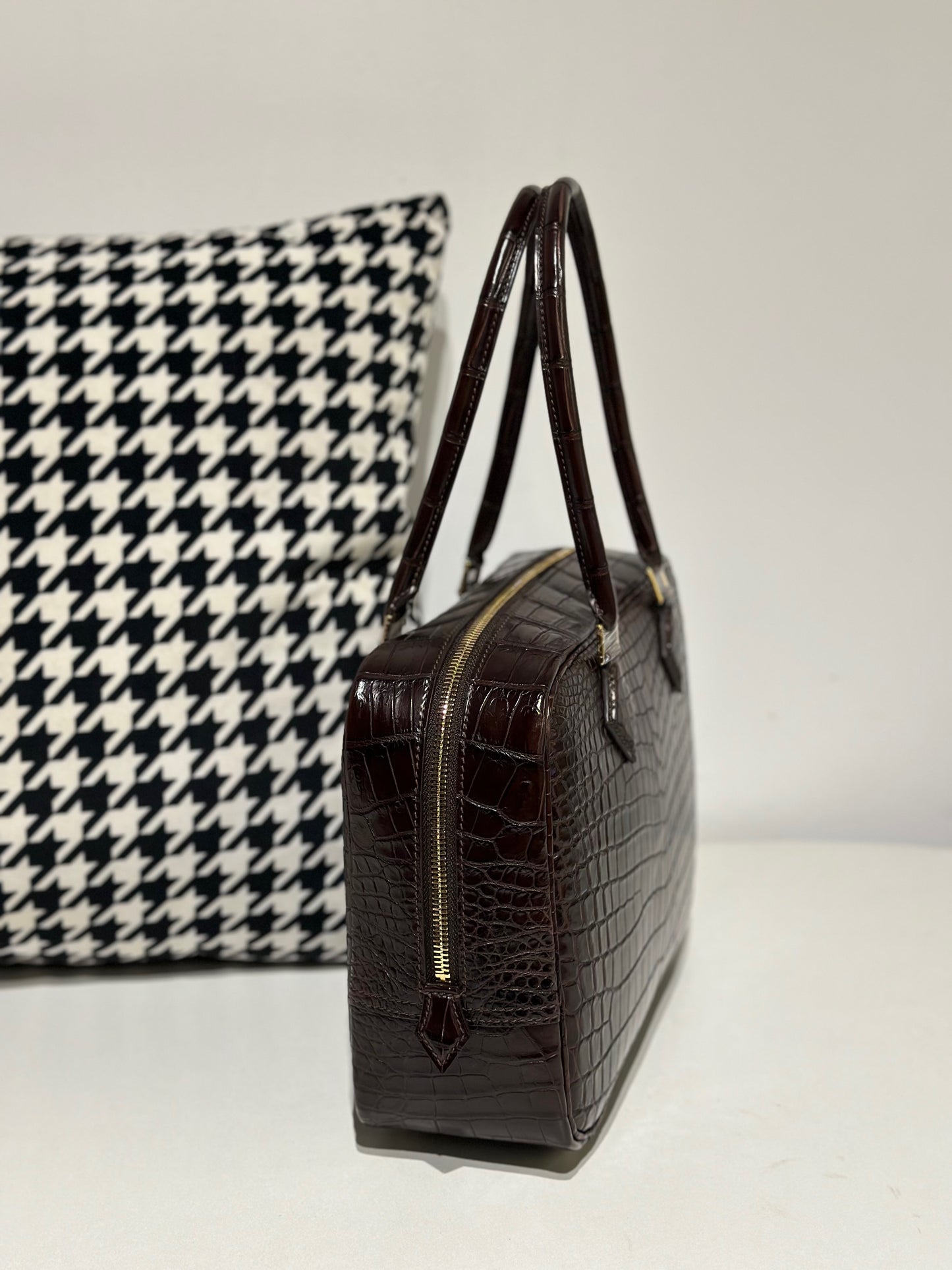 Womens Genuine Crocodile Skin Leathe Top Handle Tote Bag Brown