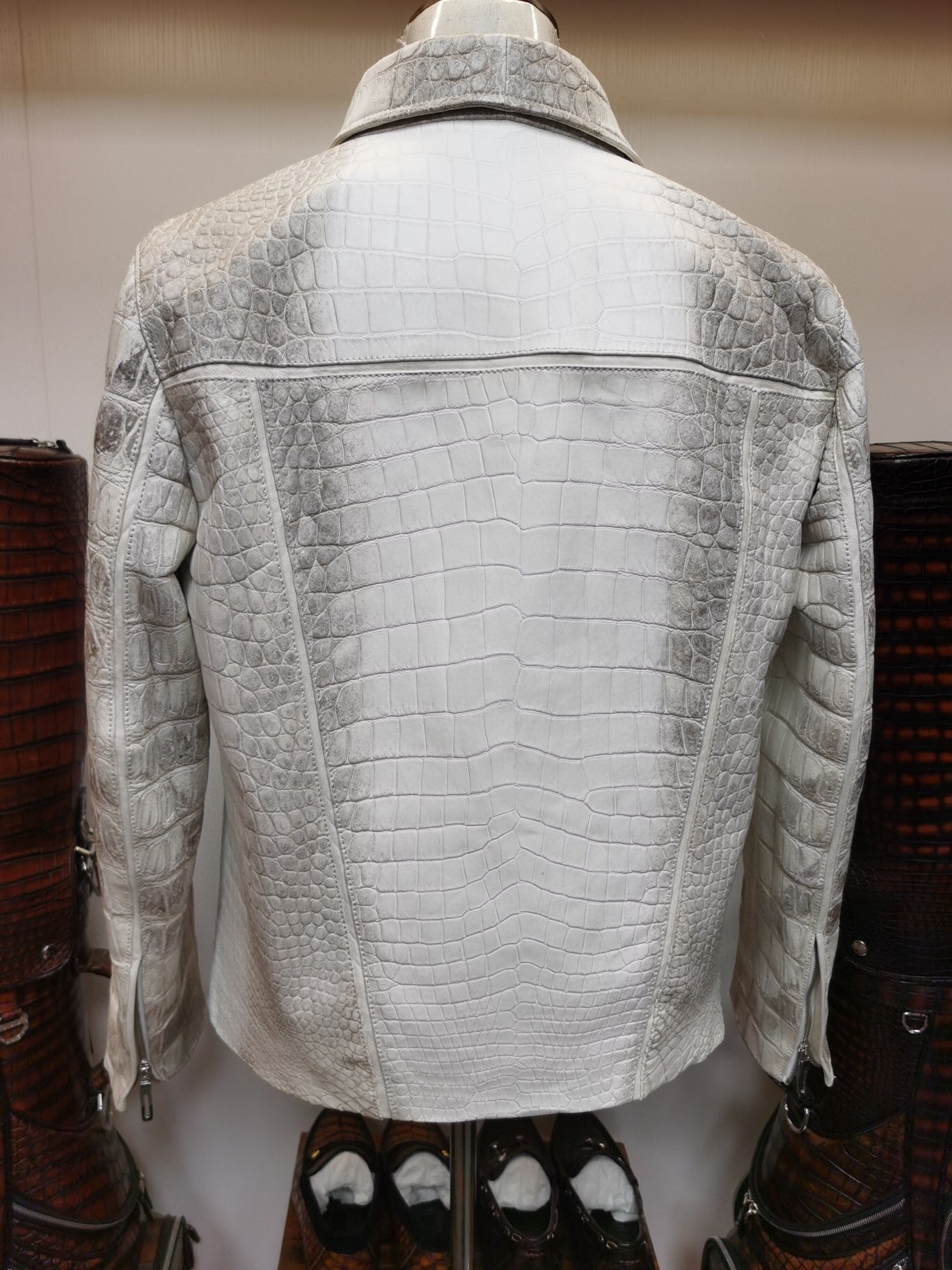 Crocodile Leather Jacket,Himalaya White Crocodile Leather Zip Up Coat