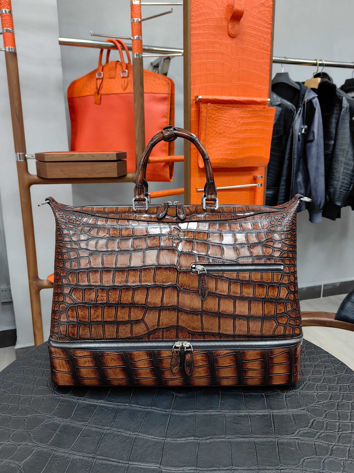 Unisex Vintage Genuine Crocodile Leather Travel Duffel Bag ,Golf Toilet Bag