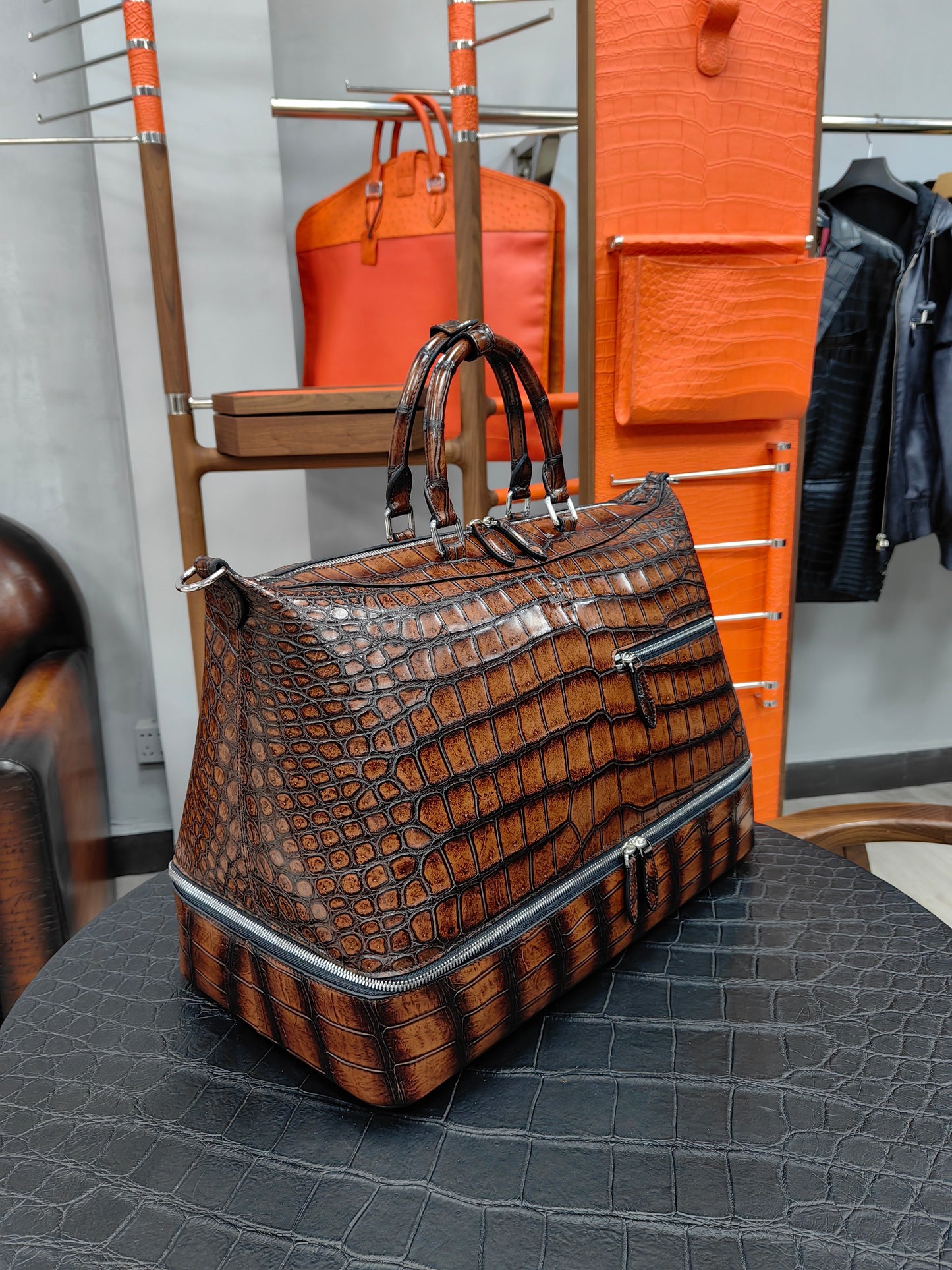 Unisex Vintage Genuine Crocodile Leather Travel Duffel Bag ,Golf Toilet Bag